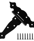 4 Pack Heavy Duty 6 Inch T Strap Gate Hinges 2mm Thick Universal Barn Shed Door Hardware with screws, black iron, front view.