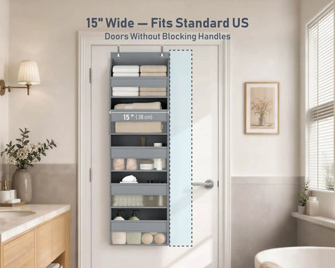 Five Tier Over The Door Hanging Storage Rack With Super Deep Pockets Absolute Game Changer For Cramped Dorm Rooms And RVs easy setup over door organizer mounted in bathroom showcasing towels and toiletries.