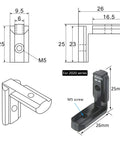 Complete Black 2020 Aluminum Extrusion Corner Brackets Full M5 Fastener Kit T Nuts Screws And Heavy Duty Wrench For V Slot Rig Frames technical drawing with dimensions.