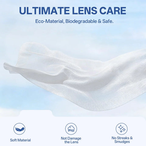 Front view of 200-count lens wipes packaging for eyeglasses, camera lenses and screens; pre-moistened, streak-free.
