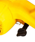 Top Shelf Cordless Circular Saw Chucking Out Precise Cuts On Tough Plywood And Oak With Long Lasting Carbide Tips And A Sure Grip close-up of yellow housing and trigger adjustment.