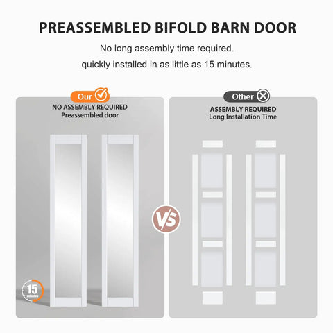 Comparison of White Bifold Barn Doors 24X84 Inch Featuring Killer Full Length Mirror Easy Glide Hardware and assembly time.
