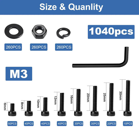 Pro Grade 1040 Piece M3 Screw Kit Featuring Hex Socket Head Cap Screws And M3 Bolts Nuts Washers Includes Allen Key showing sizes and quantities of components.