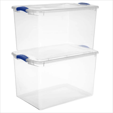 Heavy Duty SixtySix Quart Clear Plastic Storage Bins Two Pack With Blue Latch Lids stacked, clear plastic, 24x16x13 inches.