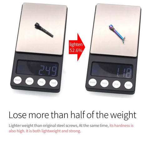 Rock Solid Titanium Disc Brake Bolts For Bikes shown on scale weighing 2.49g versus 1.18g for lightweight comparison.