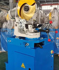 Industrial Grade Semi Automatic Metal Circular Saw crafted to chop through stainless steel pipe, with a sturdy motor and blue base.