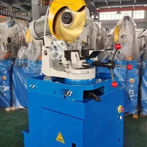 Industrial Grade Semi Automatic Metal Circular Saw crafted to chop through stainless steel pipe, with a sturdy motor and blue base.