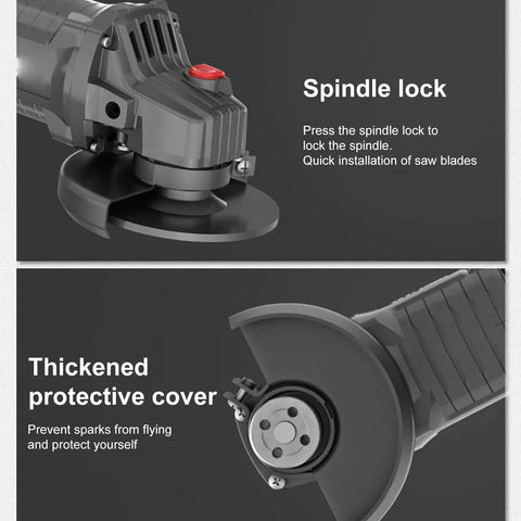 Close-up of 21V Brushless Cordless Angle Grinder With 3 Speed Settings And 180 Degree Swivel Head spindle lock and protective cover.