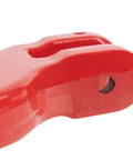 Close-up of Three Eighths Inch Logging Chain Choker Hook Grade 80 Not For Overhead Lifting 6900 Lbs WLL Two Pack in red.
