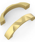 Two brushed gold cabinet pulls showcasing sleek design, part of the 10 Pack Brushed Gold Cabinet Pulls Featuring A 3 Inch Center Hole Ideal For Kitchen Drawers And Bathroom Vanities.