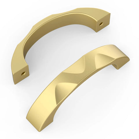 Two brushed gold cabinet pulls showcasing sleek design, part of the 10 Pack Brushed Gold Cabinet Pulls Featuring A 3 Inch Center Hole Ideal For Kitchen Drawers And Bathroom Vanities.