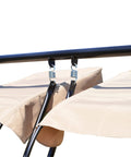 Double Seat Outdoor Patio Swing With Removable Canopy And Cup Holders, close-up of beige canopy and sturdy metal frame attachments.