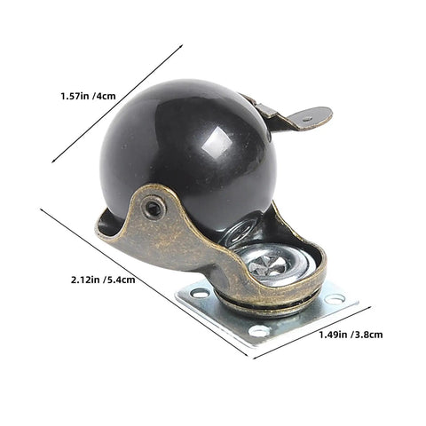 8Pack Vintage Bronze Furniture Caster Wheels With Heavy Duty Flat Plate Mount showing a black ball caster with dimensions.