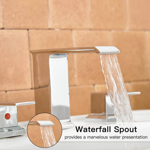 Waterfall Widespread Bathroom Faucet Chrome 3 Hole 2 Handle Vanity Sink Mixer Tap With Pop Up Drain Overflow And Supply Lines Square