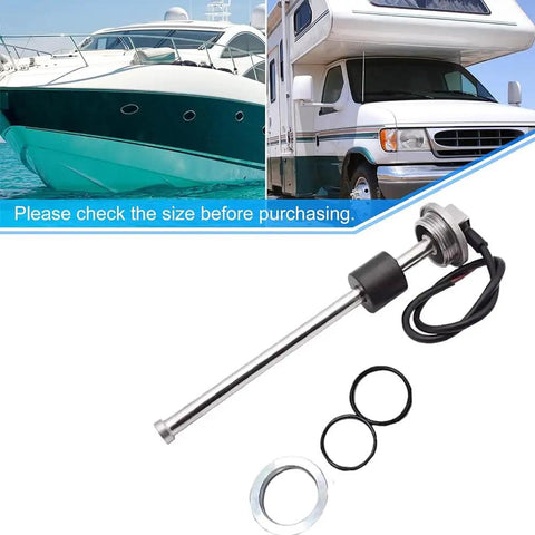 Built Tough Stainless Steel Fuel Tank Sending Unit And Electronic Fuel Gauge for Trucks RV Boats with wiring and gaskets visible.