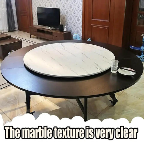Built Different Wooden Lazy Susan Turntable With 360 Smooth Swivel Rotation For Dining Tables Kitchen Islands Black Serving Tray on dark table.
