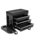 Heavy Duty 3 Drawer Tool Chest Rolling Mechanic Seat With Smooth Roll Tool Trays, black seat and drawers with wheels.