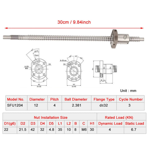 Badass Rolled Ballscrew Shaft With Stacked Ball Nut delivering heavy load capacity, 300mm length, 12mm diameter.