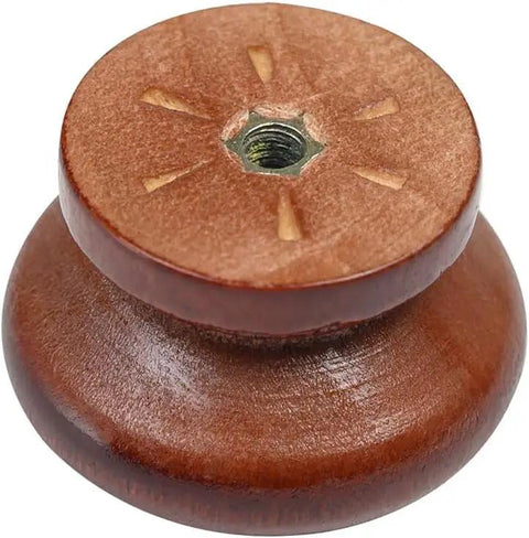 Heavy Duty Round Wood Drawer Knobs For Dressers And Cabinets, Slick Red Brown Finish With Hassle Free Mounting Screws, Pro Level Furniture Pull Handles Set Of Ten close-up view of a round wooden knob with screw.