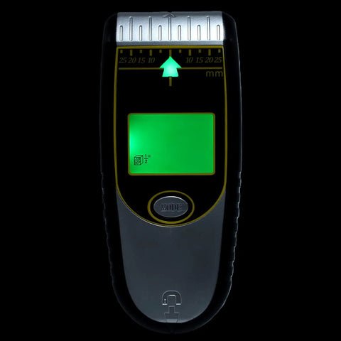Fafeicy Digital Stud Finder with LCD Display, 7 Functions (Silver) showing green display and measurement marks.