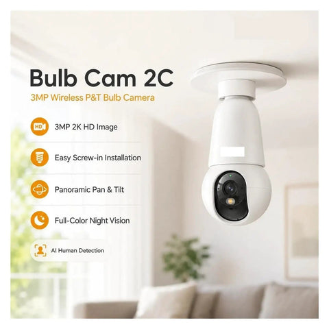 Smart 5Mp E27 Screw In Surveillance Camera with AI Motion Tracking and Human Detection Offers Seamless Indoor Coverage This 360 Degree Rotating Light Bulb Security Cam Provides Crystal Clear Night Vision And Custom Zones to Lock Down Peace of Mind, white bulb camera installed on ceiling.