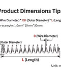 Top Tier 50-Pack Super Strong Micro Compression Springs Steel Repair Kit With Heavy Duty Wire OD4 To 12mm Lengths From 5 To 50mm Perfect For Tough Mods. Dimension guide showing wire diameter, outer diameter, and length of a compression spring in mm.