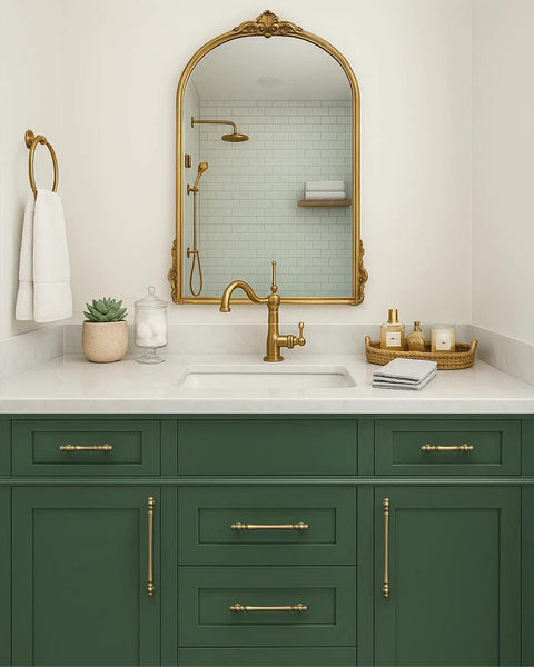 Top Shelf Brushed Brass Cabinet Handles 5 Inch Kitchen Pulls Hella Sturdy Zinc Alloy Rustproof Drawer Knobs Smooth Touch Anti Smudge Finish Total Game Changer For Kitchens And Vanities 10 Pack on green cabinetry.