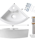 White ceramic corner vessel sink with pop-up drain and installation kit, 18 x 13 x 5 inches