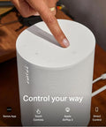Finger adjusting settings on Era 100 SL Dope Compact Microphone Free Wireless Speaker with WiFi Bluetooth Line In, white finish