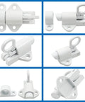 Rock Solid Pack Of Two White Self Closing Barrel Bolts Built Tough With Heavy Duty Metal Alloy Spring Pin Action and Included Mounting Screws.