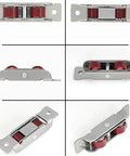 No Sweat Heavy Duty Stainless Steel Needle Roller Bearings Featuring Smooth Nylon Double Wheel Door And Window Pulleys Rustproof Abec Seven Precision Track Rollers For Rough Jobs Orange 4 Pack viewed from multiple angles with red wheels.