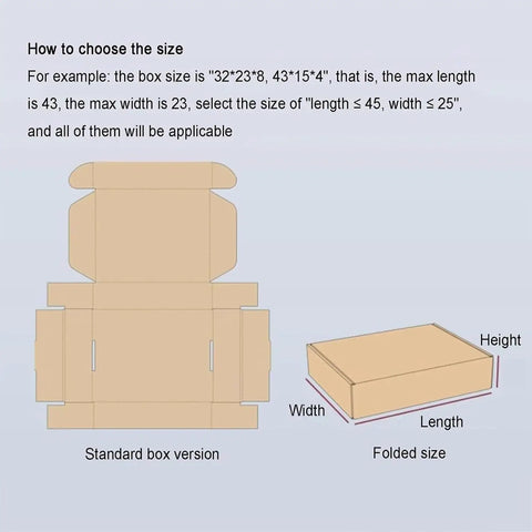 Adjustable Manual Box Folding Tool For Shipping Cartons And Corrugated Packages Slick One Touch Setup diagram showing box dimensions and folding instructions.