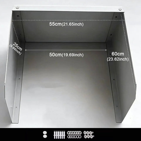Heavy Duty Built Like A Tank EV Charger Weatherproof Cover dimensions showing 55cm x 50cm x 60cm with mounting hardware.