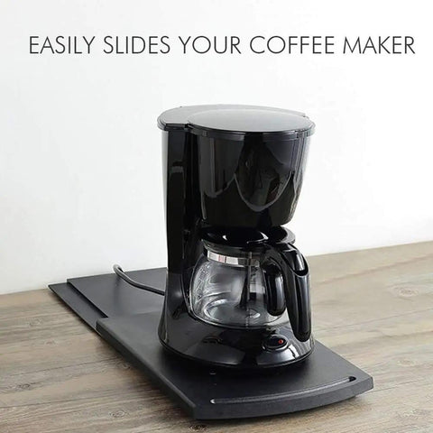 Total Kitchen Breeze Smooth Glide Appliance Roller Tray for Coffee Makers, black coffee maker on gray tray.