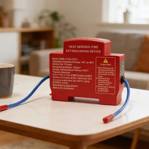 Automatic Temperature Trigger Aerosol Fire Extinguisher For Engine Compartments And Cabinets That Pops Into Action When Scorching Heat Arrives No Sweat Setup Required, red device with blue hose on table.
