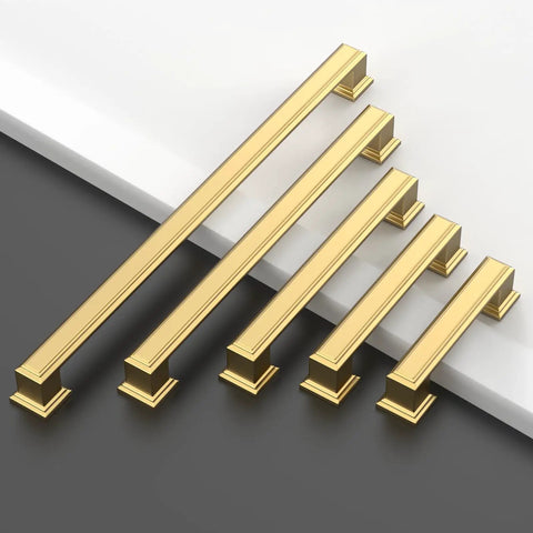 Slick Brushed Brass Cabinet Handles For Kitchen Upgrade Set Of Ten 5 Inch Heavy Duty Metal Pulls with square base design.