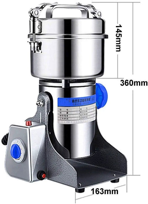 Stainless Steel Grain Mill Grinder For Home And Commercial Use, Superfine Powder Machine For Flour, Cereal, Spices And Herbs shown with dimensions.