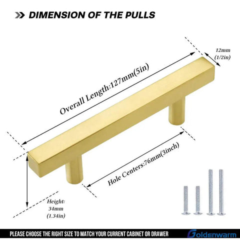 Big Time Upgrade Slick Brushed Gold Drawer Pulls 25 Pack Square T Bar Cabinet Handles For Kitchen And Closet Cupboards 3 Inch Hole Center dimensions and measurements