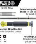 4-In-1 Electronics Screwdriver Set With Non-Magnetic Tips, Includes 2 Slotted And 2 Phillips Precision Machined Bits, Free-Spinning Cap For Palm Rest, Chrome-Plated Barrel, Ideal For Terminal Blocks shown with interchangeable blades and cushion-grip handle.
