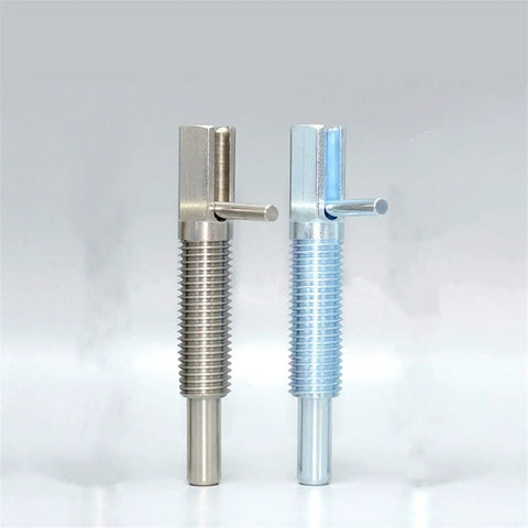 Top Notch Stainless Steel Indexing Plunger Screw Lever Lock Detent Positioner Tool Heavy Duty Spring Loaded shown in two finishes.