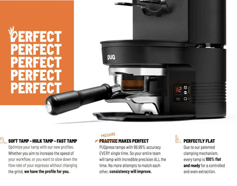 Automatic Espresso Tamper Knocks Out Consistent Pucks Every Single Time With Adjustable Pressure Settings Perfectly Calibrated For Mahlkonig E80 Grinders Smooth Operation In A Sleek Black Housing 58 Millimeter Size, featuring a black tamping head and digital display.