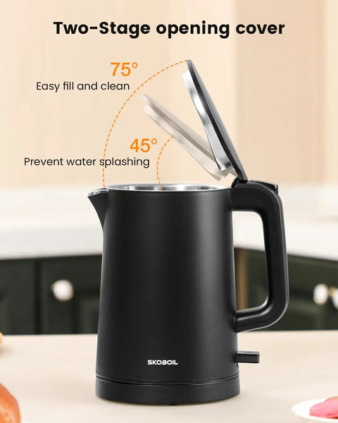 Compact Electric Kettle For Tea And Coffee 0.8L 27 Oz Double Wall Stainless Steel Space Saving Mini Hot Water Heater with open lid