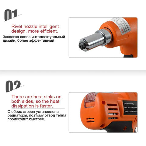 14.4V Cordless Rivet Gun With Rechargeable Lithium Battery features an efficient rivet nozzle and heat sinks for better performance.