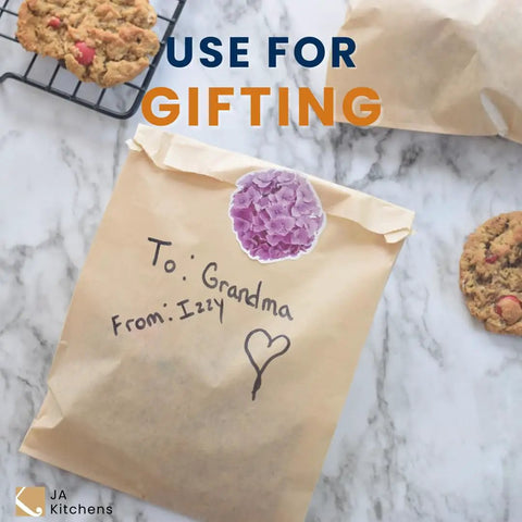 Real Deal Unbleached Kraft Paper Bags 200 Count With Thick Gussets For Serving Hot Pretzels Fresh Cookies And Loaded Sandwiches Hella Durable And Totally Earth Friendly Packaging For Picnics Or Chill Nights, used for gifting with handwritten note.