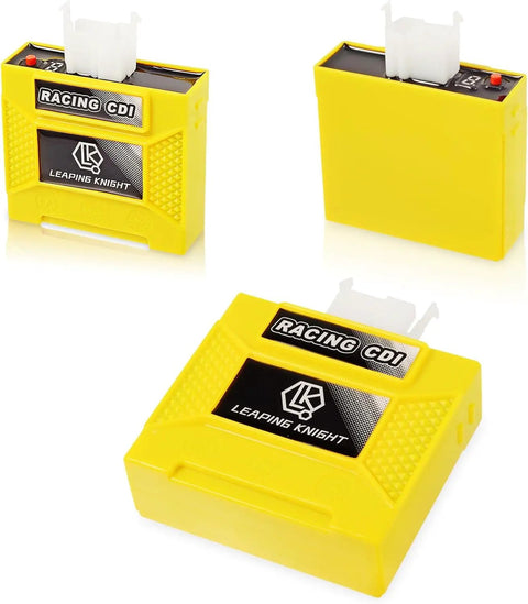 Front and side view of yellow DC CDI Box High Performance Racing Part with Digital Adjustable 9 Ignition Curves for CG125 CG150 CG250.