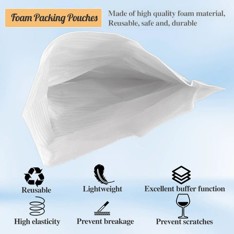 Real Deal Foam Packing Pouches For Moving And Shipping Storage With Dense Cushion Wrap. White foam pouches with icons displaying features.