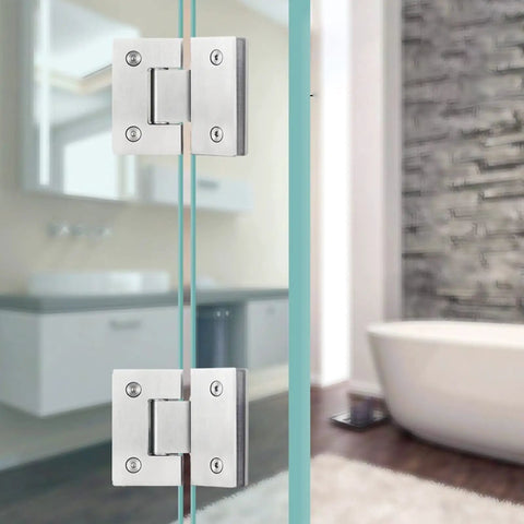 Kickass Durability Straight Up Smooth Operation Brushed Stainless Steel Pivot Hinge For Self Closing Shower Glass Doors and Cabinet Hardware installed on glass