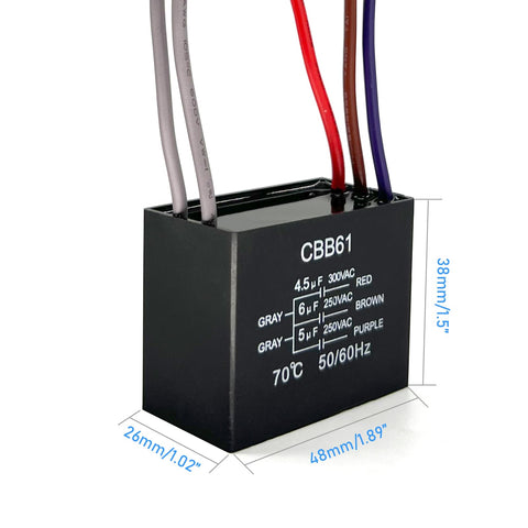 CBB61 capacitor set for Ceiling Fan Pull Chain Switch With Three Speeds And Four Preinstalled Wires, 4.5uF to 6uF, 250V AC UL listed.