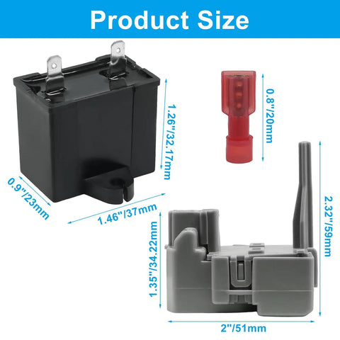 Heavy Duty Refrigerator Start Relay Run Capacitor Kit Compatible With Whirlpool W10189190 W10662129 TSD2 Compressor Repair showing product size.