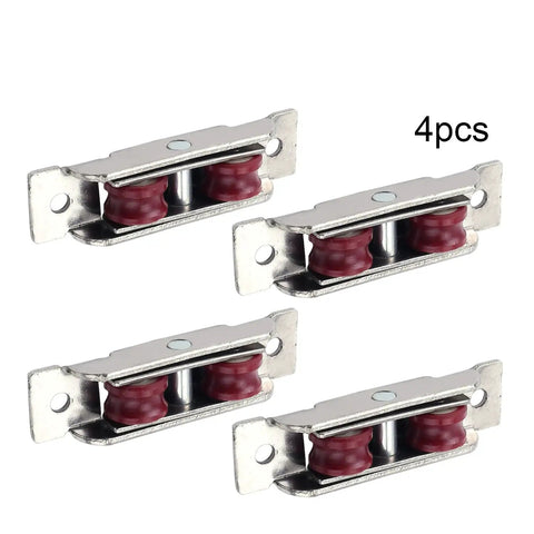 Top Shelf Double Wheel Pulley Set Featuring Nylon U Groove Rollers For Zero Drag Sliding Doors And Windows Silver Stainless Steel Housing Four Pack, showing 4pcs.